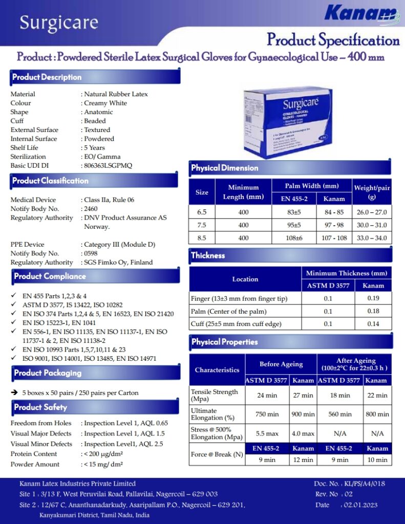 SURGICARE- POWDERED STERILE LATX SURGICAL GLOVES FOR GYNAECOLOGICAL USE - 400mm