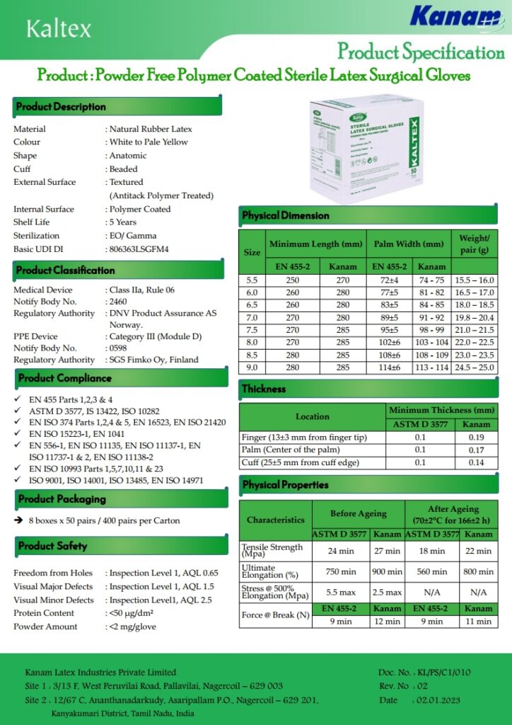 Kaltex- Powder Free Polymer Coated sterile Latex Surgical Gloves