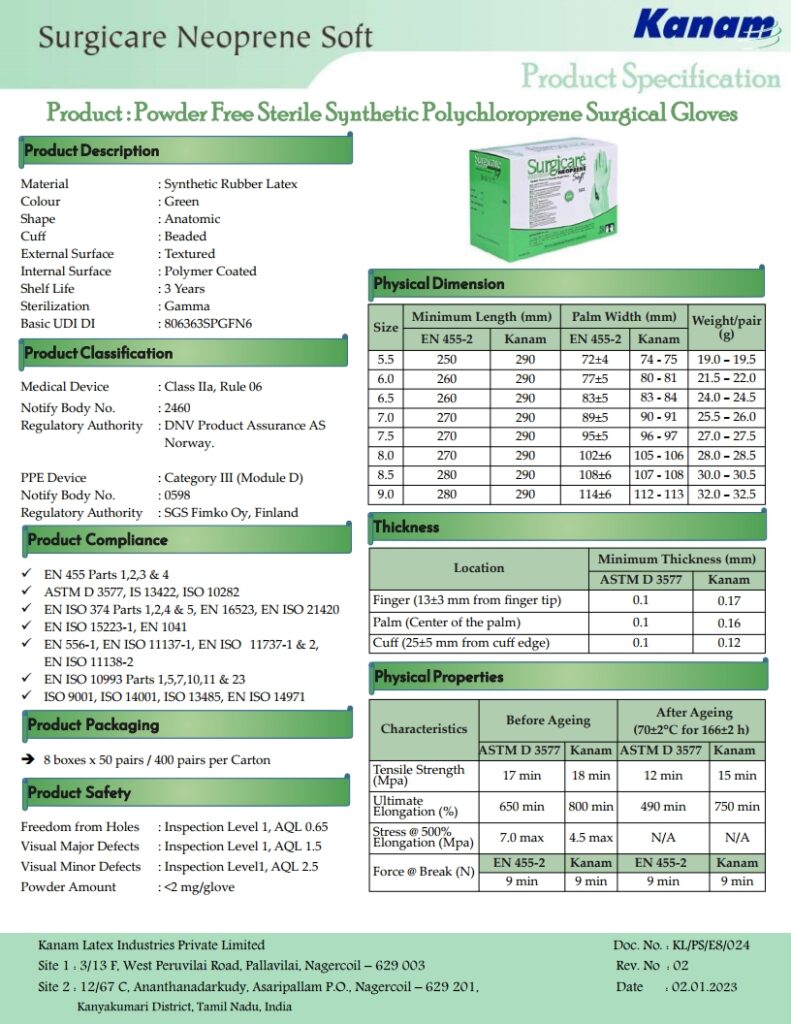 Surgicare Neoprene Soft- Product Specifications